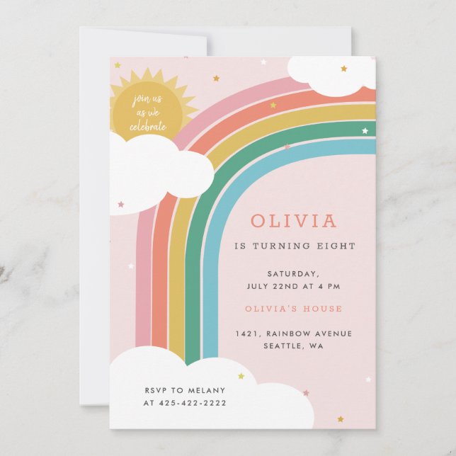Invitación Arcoiris, sol y nubes cumpleaños de niño Rosa bril (Anverso)