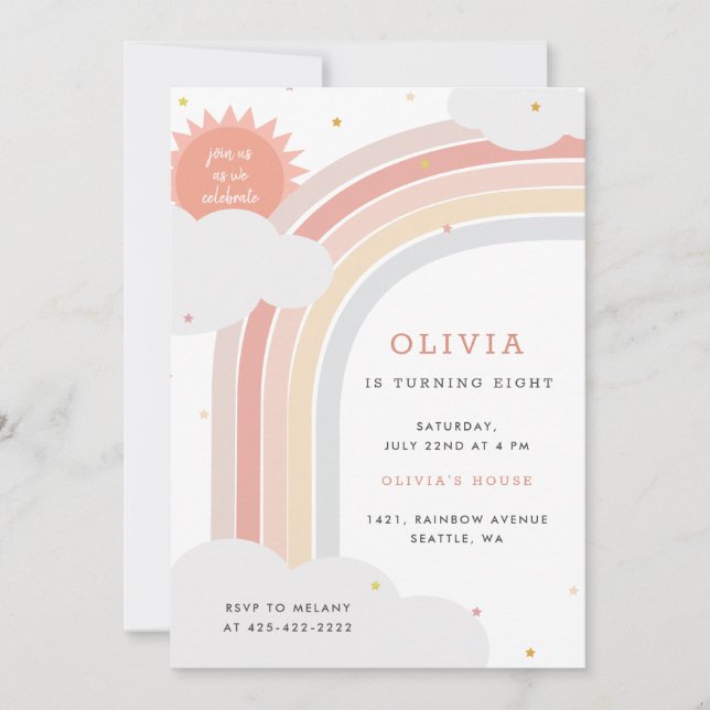 Invitación Arcoiris, sol y nubes cumpleaños de niño Rosa sile (Anverso)