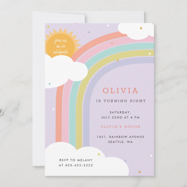 Invitación Arcoiris, sol y nubes Morado cumpleaños de niño (Anverso)