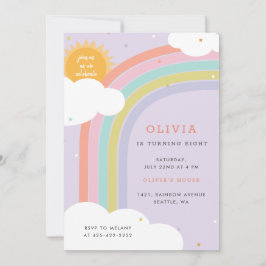 Invitación Arcoiris, sol y nubes Morado cumpleaños de niño