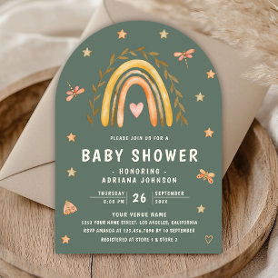 Invitación Arcoíris Terroso Verde Salvia Rústico Baby Shower