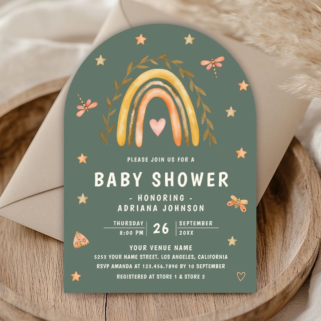 Invitación Arcoíris Terroso Verde Salvia Rústico Baby Shower (Subido por el creador)
