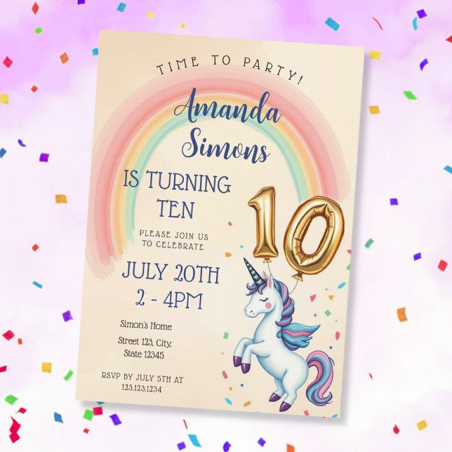 Invitación Arcoíris Unicornio Confeti Cumpleaños 10 de la Muc (Subido por el creador)