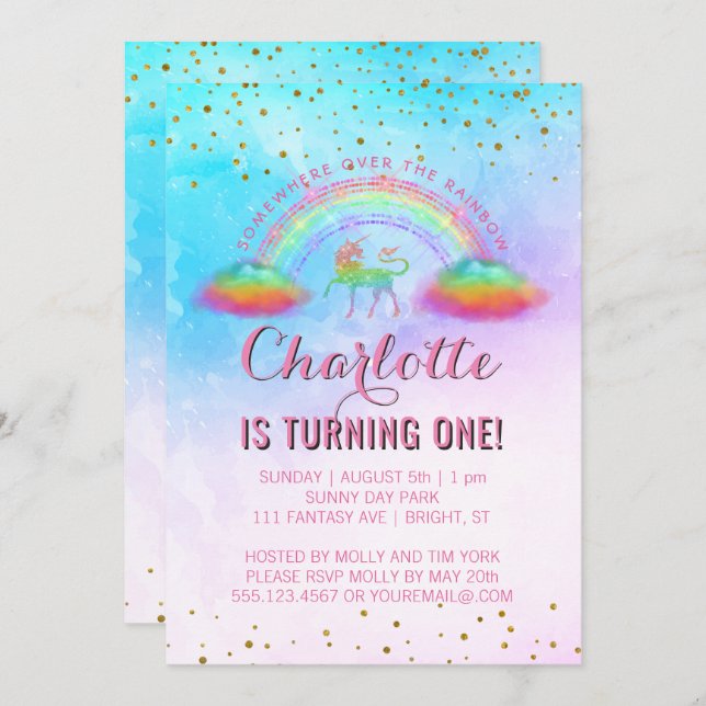 Invitación Arcoiris Unicornio Fiesta de cumpleaños 1 (Anverso / Reverso)