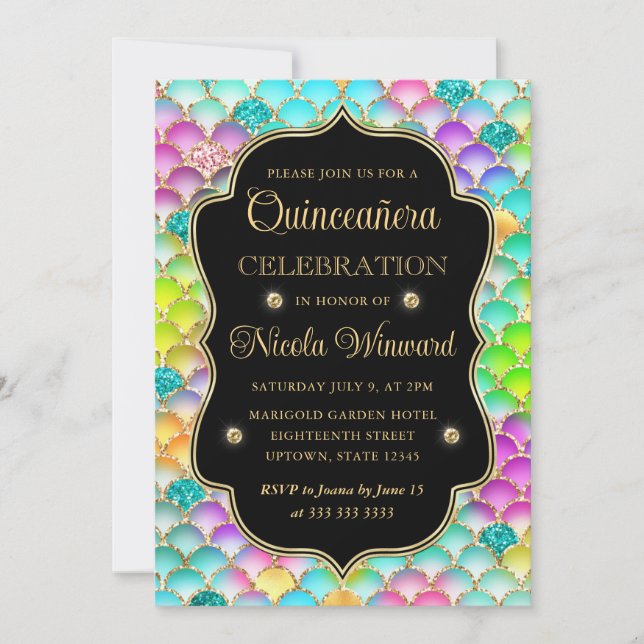 Invitación Arcoíris Venera de Oro Quinceañera (Anverso)