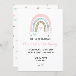 Invitación Arcoiris y corazón Invitan a Pastel por primera cu