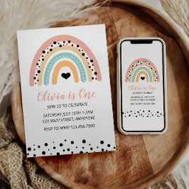 Invitación Arcoiris y corazones Fiesta de primer cumpleaños