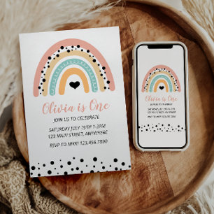 Invitación Arcoiris y corazones Fiesta de primer cumpleaños
