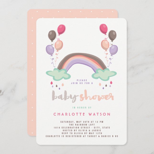 Invitación Arcoiris y globos Cuidados Chica Whimsical Baby Sh (Anverso / Reverso)