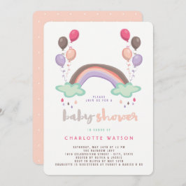 Invitación Arcoiris y globos Cuidados Chica Whimsical Baby Sh