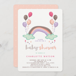 Invitación Arcoiris y globos Cuidados Chica Whimsical Baby Sh