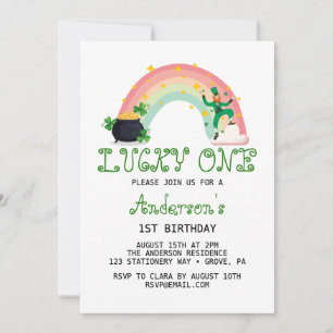 Invitación Arcoiris y Lado Verde Afortunado Primer Cumpleaños