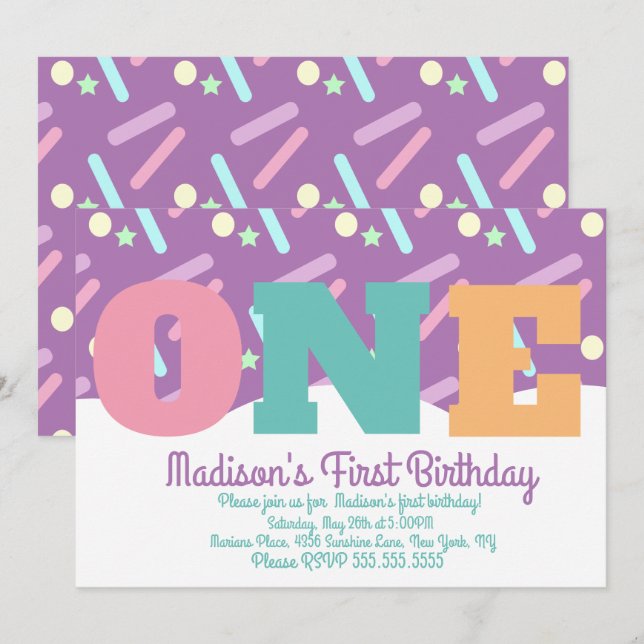 Invitación Arcoíris y Nubes Sprinkles Pastel Cumpleaños Uno (Anverso / Reverso)