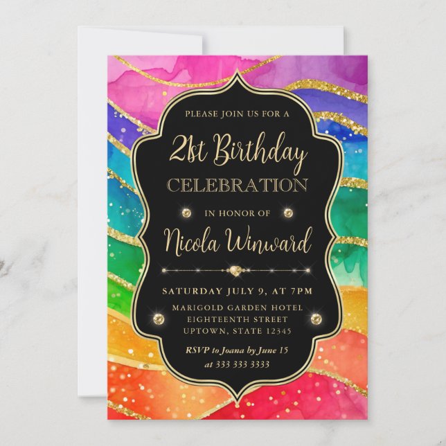 Invitación Arcoiris y Purpurina de oro Tinta de alcohol 21 cu (Anverso)