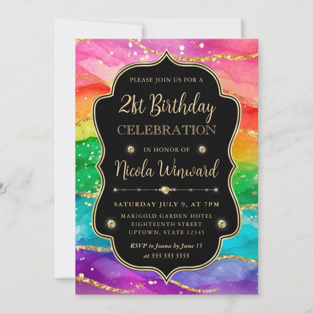 Invitación Arcoiris y Purpurina de oro Tinta de alcohol 21 cu (Anverso)