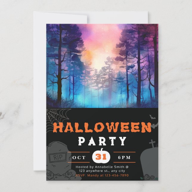 Invitación Arcoiris y selva luna Halloween negro (Anverso)