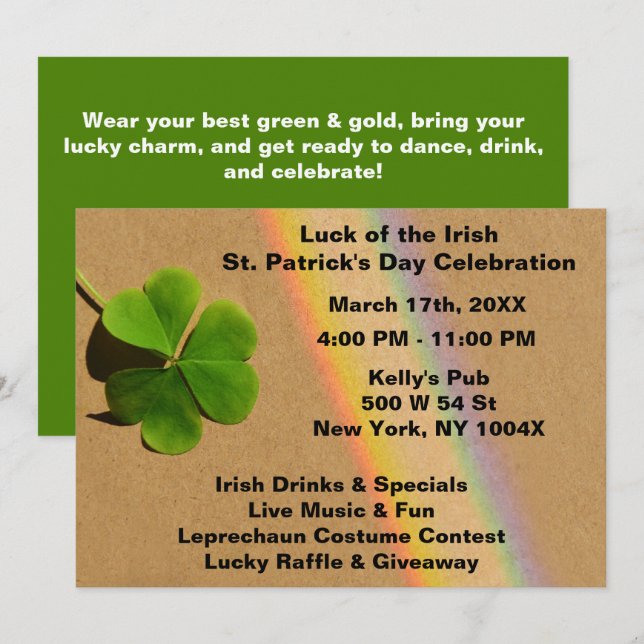 Invitación Arcoíris y trébol verde bebiendo irlandés   (Anverso / Reverso)