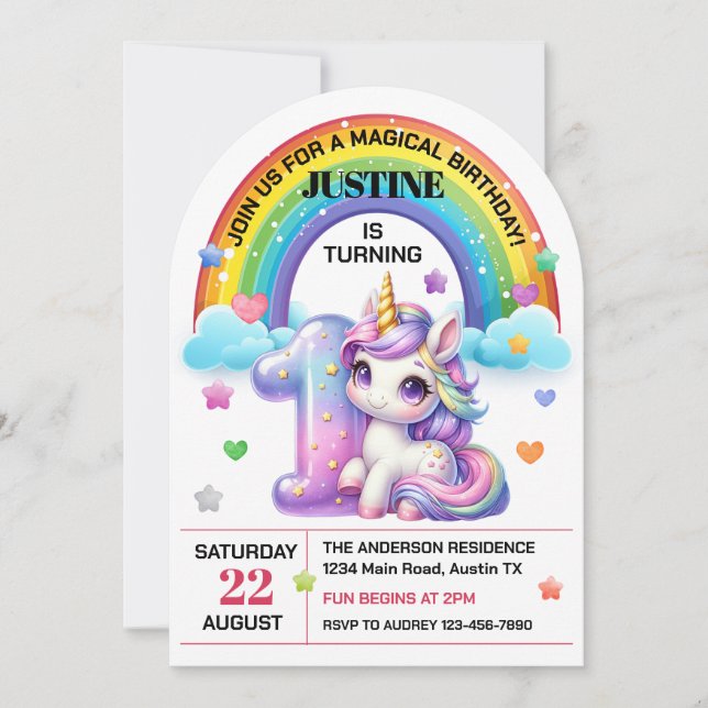 Invitación Arcoiris y unicornio primer Fiesta de cumpleaños (Anverso)