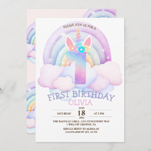 Invitación Arcoiris y unicornio Primer Fiesta de cumpleaños