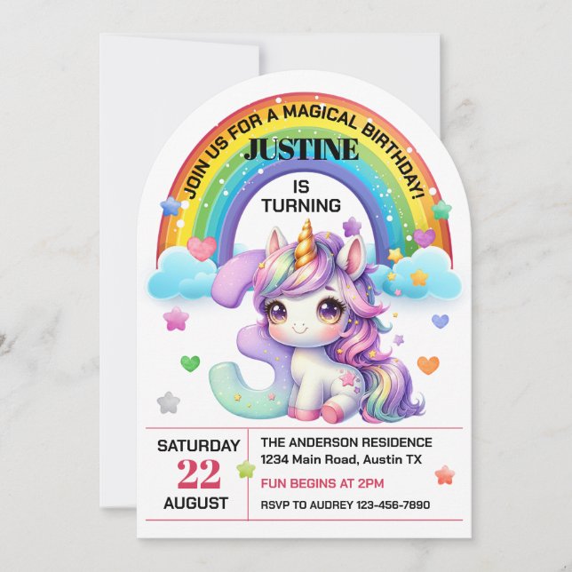 Invitación Arcoiris y unicornio: tercer Fiesta de cumpleaños (Anverso)