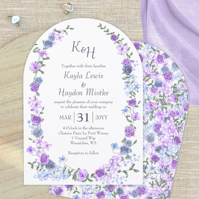Invitación Arcos de Boda Jardín con Rosa Azul Púrpura y Liger (purple lavender blue roses arched wedding invitation, rose garden arches, rose vines)