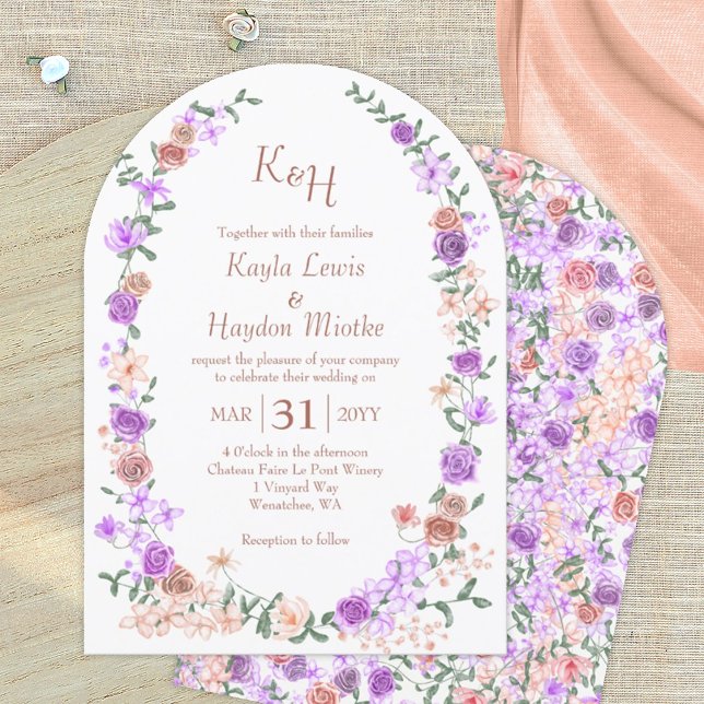 Invitación Arcos de Boda Jardín Lilac y Peach Rosa (peach lilac floral wedding invitation, light purple pink mauve blush roses, french lavender)