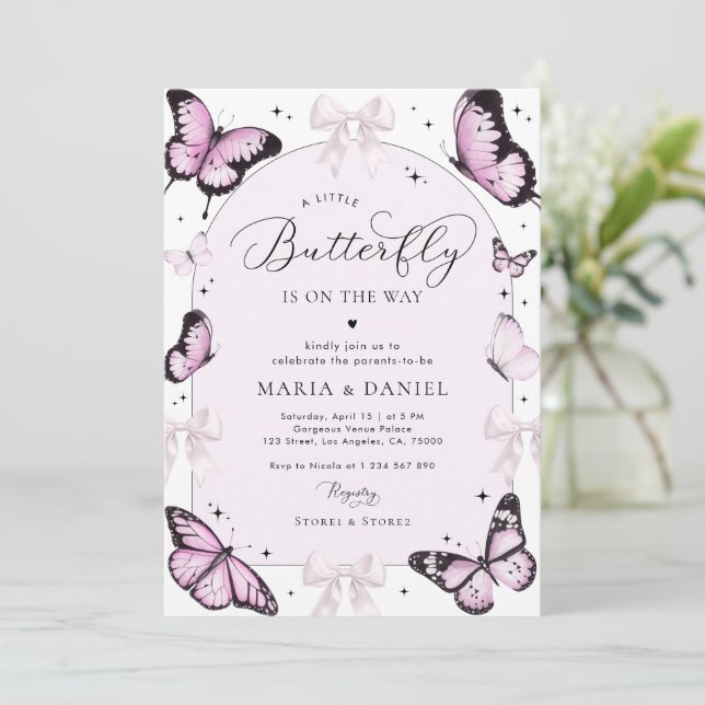 Invitación Arcos rosados y mariposas Chica rosa Baby Shower (Anverso de pie)