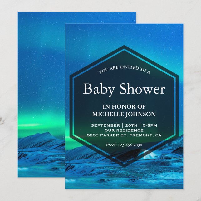 Invitación Arctic Aurora Luces del Norte Baby Shower (Anverso / Reverso)