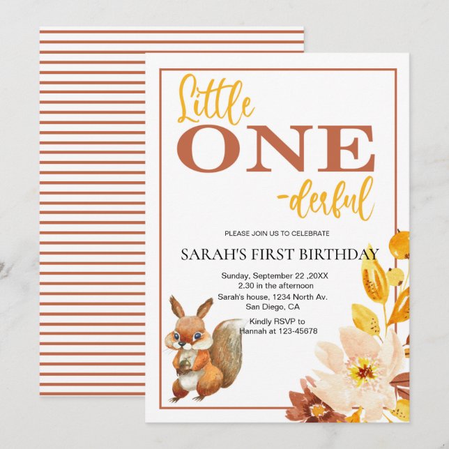 Invitación Ardilla de niños pequeños un maravilloso primer cu (Anverso / Reverso)