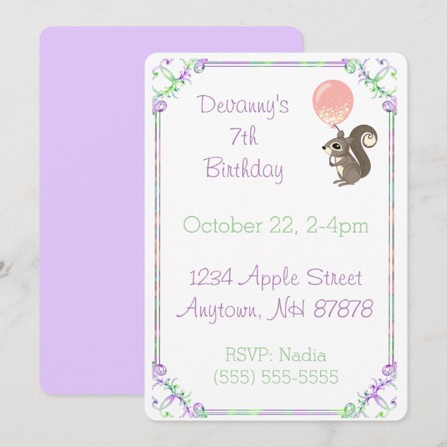 Invitación Ardilla esponjosa con el cumpleaños de un globo ro (Anverso / Reverso)