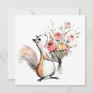 Invitación Ardilla linda con ramo de flores