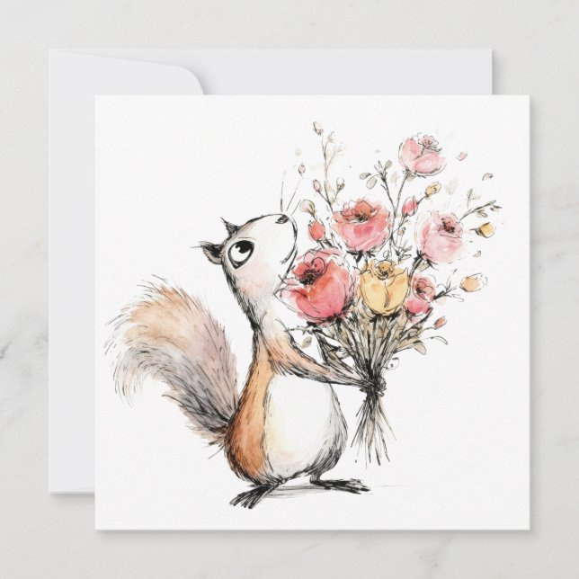 Invitación Ardilla linda con ramo de flores (Anverso)
