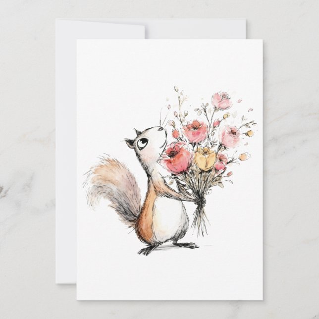 Invitación Ardilla linda con ramo de flores (Anverso)