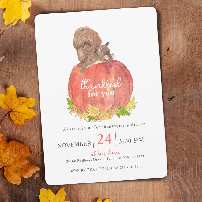Invitación Ardilla sobre el Día de Acción de Gracias de las a (Autumn Watercolor Squirrel Thanksgiving Invitation)