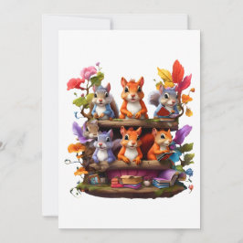 Invitación Ardillas En Una Librería De Madera