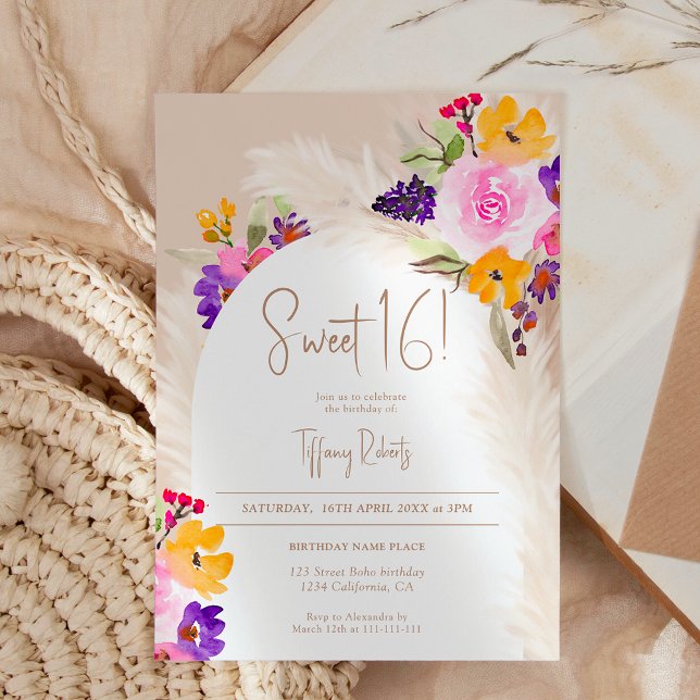 Invitación Arena boho pampas floral arco desierto dulce 16 (Boho sand floral pampas desert arch Sweet 16 Invitation)