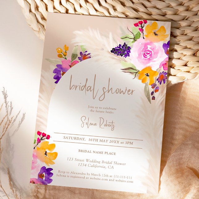 Invitación Arena boho pampas rosa arco floral ducha de novia (Boho sand pampas pink floral arch bridal shower invitation)