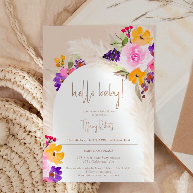 Invitación Arena de Boho arco floral hola neutro ducha bebé (Boho sand floral arch neutral hello baby shower invitation)