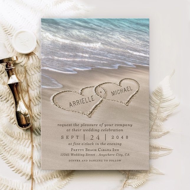 Invitación Arena de playa Corazones Elegante Boda Tropical Mo (Subido por el creador)