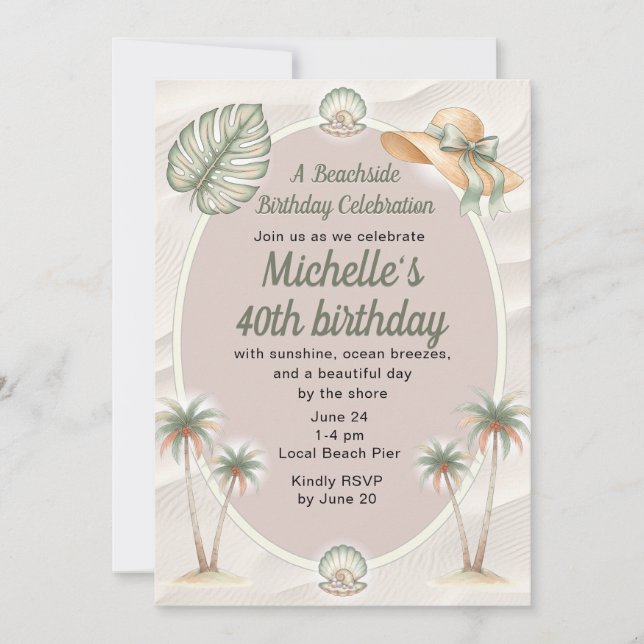 Invitación Arena de Playa Palmeras Tropicales Cumpleaños 40 (Anverso)