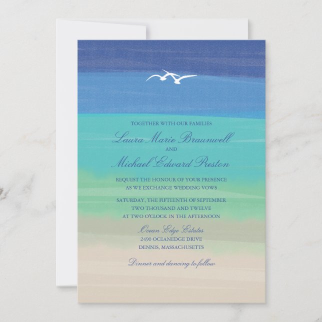 Invitación Arena, mar y gaviotas | Boda del océano pintado (Anverso)