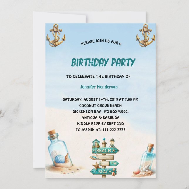 Invitación Arena tropical Playa Botella Verano Cumpleaños (Anverso)