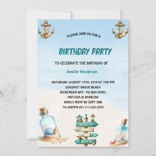 Invitación Arena tropical Playa Botella Verano Cumpleaños