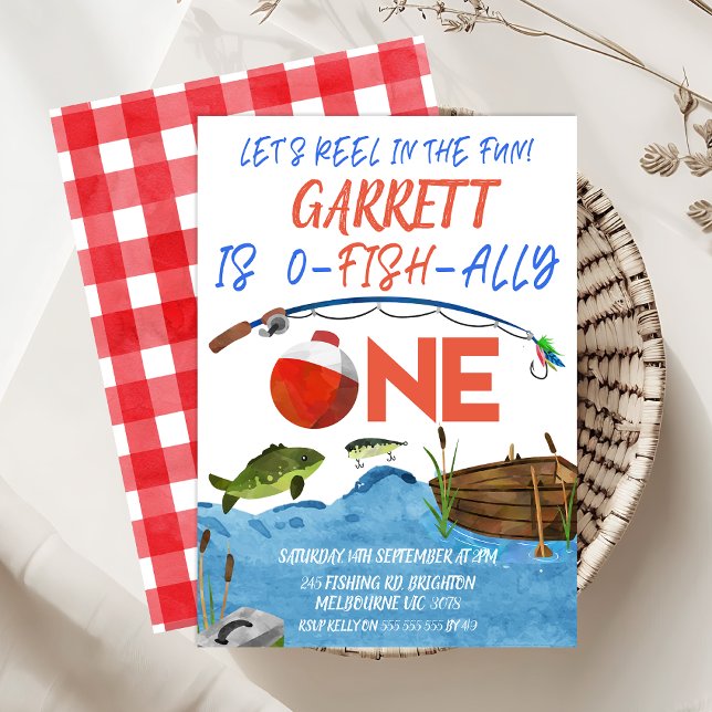 Invitación Arenque Pescador Divertido Ofishally Un Primer Cum (Let's Reel In The Fun 1st Birthday Invitation Template, Fishing 1st Birthday Invite, Ofishally One)