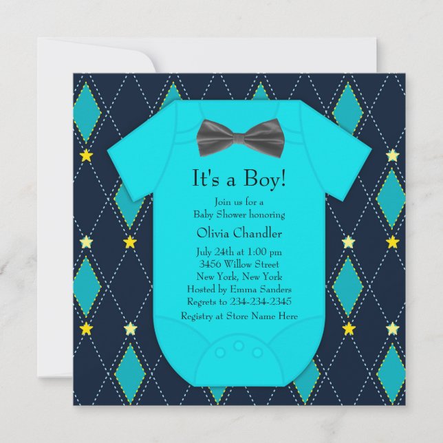 Invitación Argyle Blue Yellow Baby Shower (Anverso)