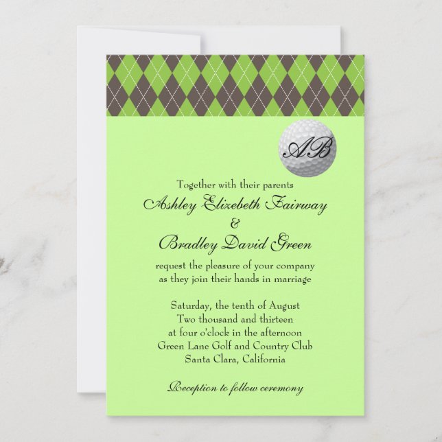 Invitación Argyle Golfball Golf Green Monogram Boda (Anverso)