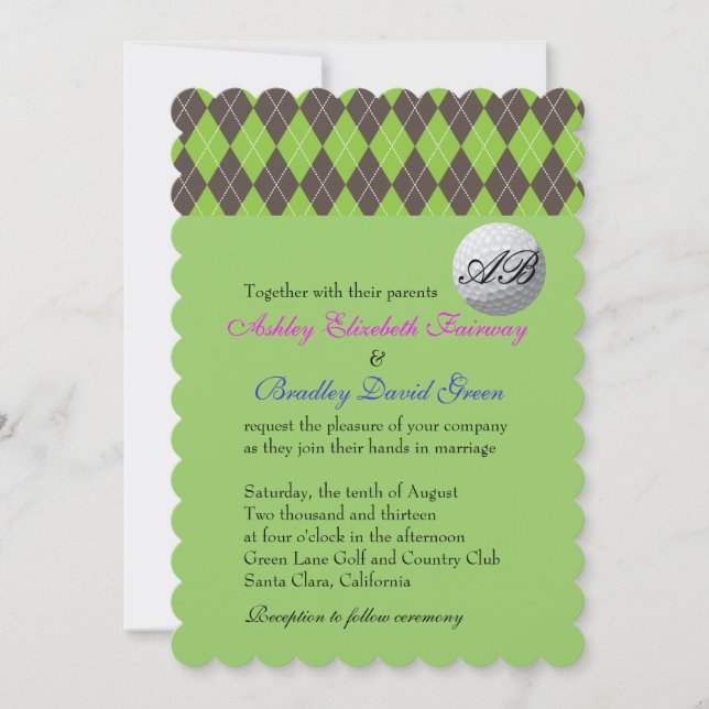 Invitación Argyle Golfball Golf Green Monogram Boda (Anverso)