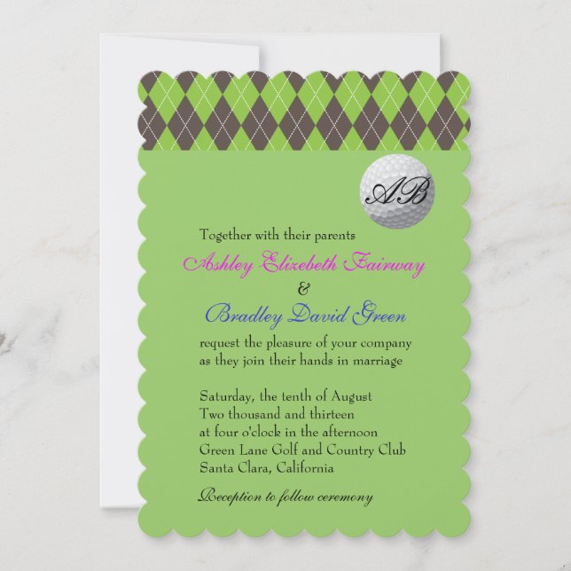 Invitación Argyle Golfball Golf Green Monograma Boda (Anverso)