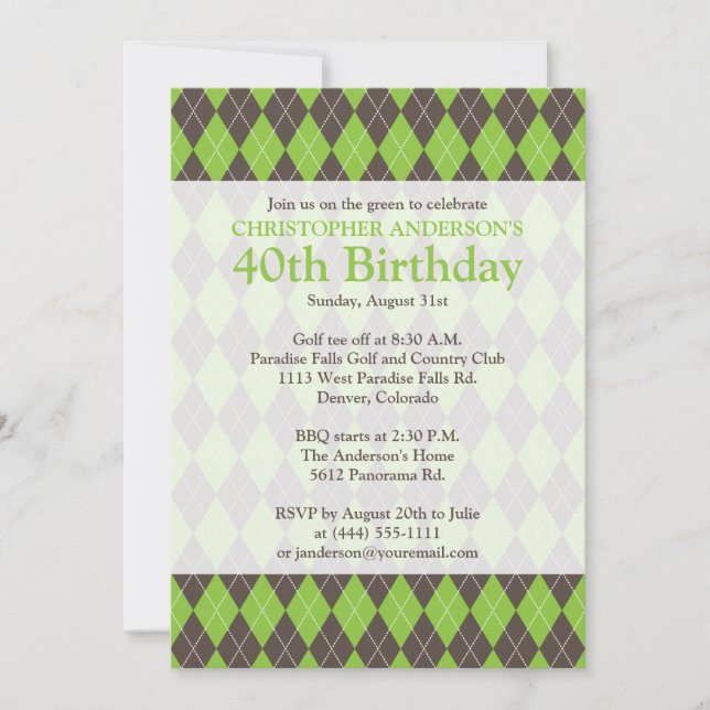 Invitación Argyle Plaid Brown Green Golf Golf Golf Golf Cumpl (Anverso)