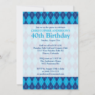 Invitación Argyle Plaid Navy Blue Golf 40 cumpleaños